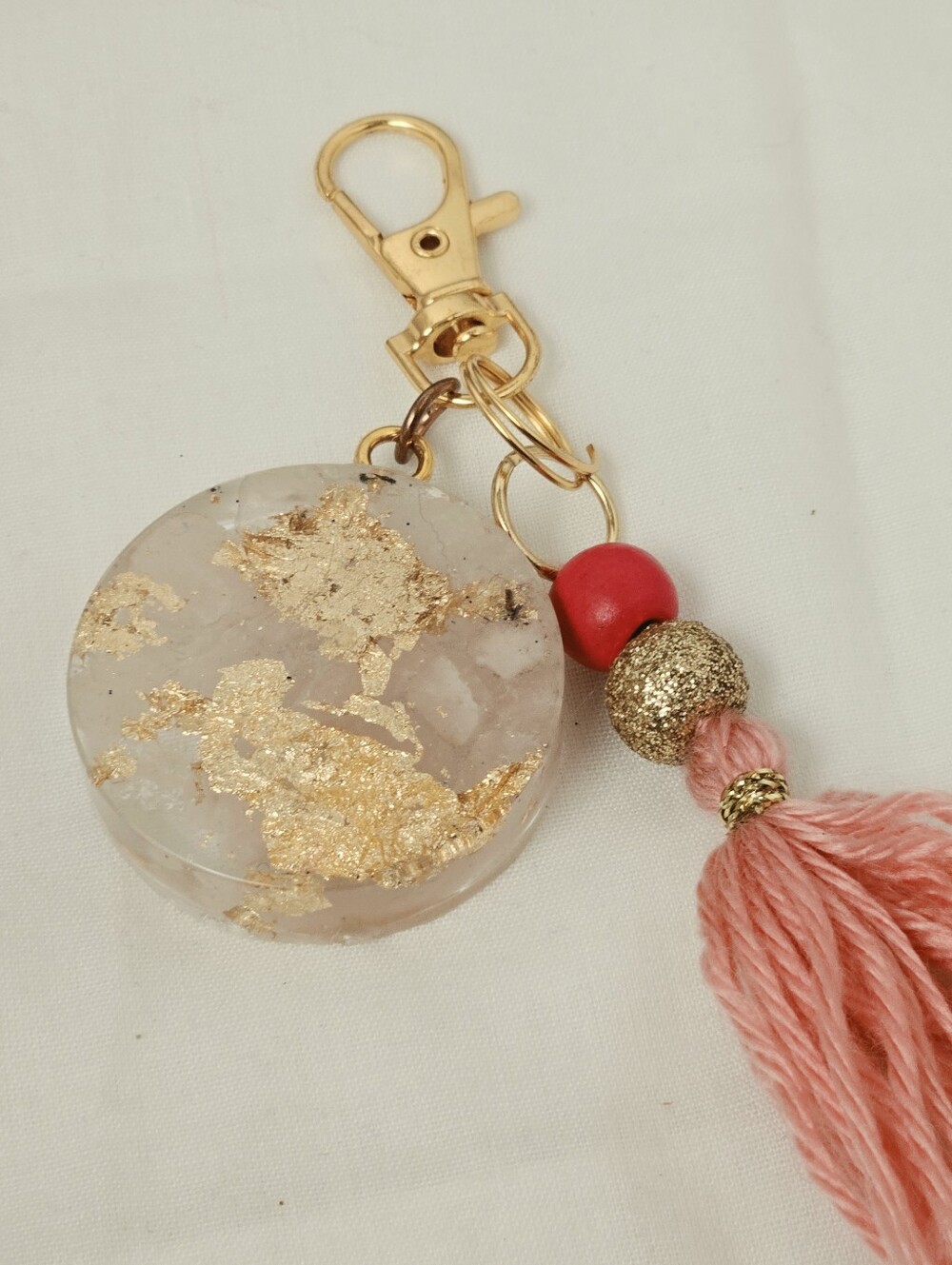 Rose Quartz Gold Leaf Keychain with Pink Tassel Genuine Stones In Resin